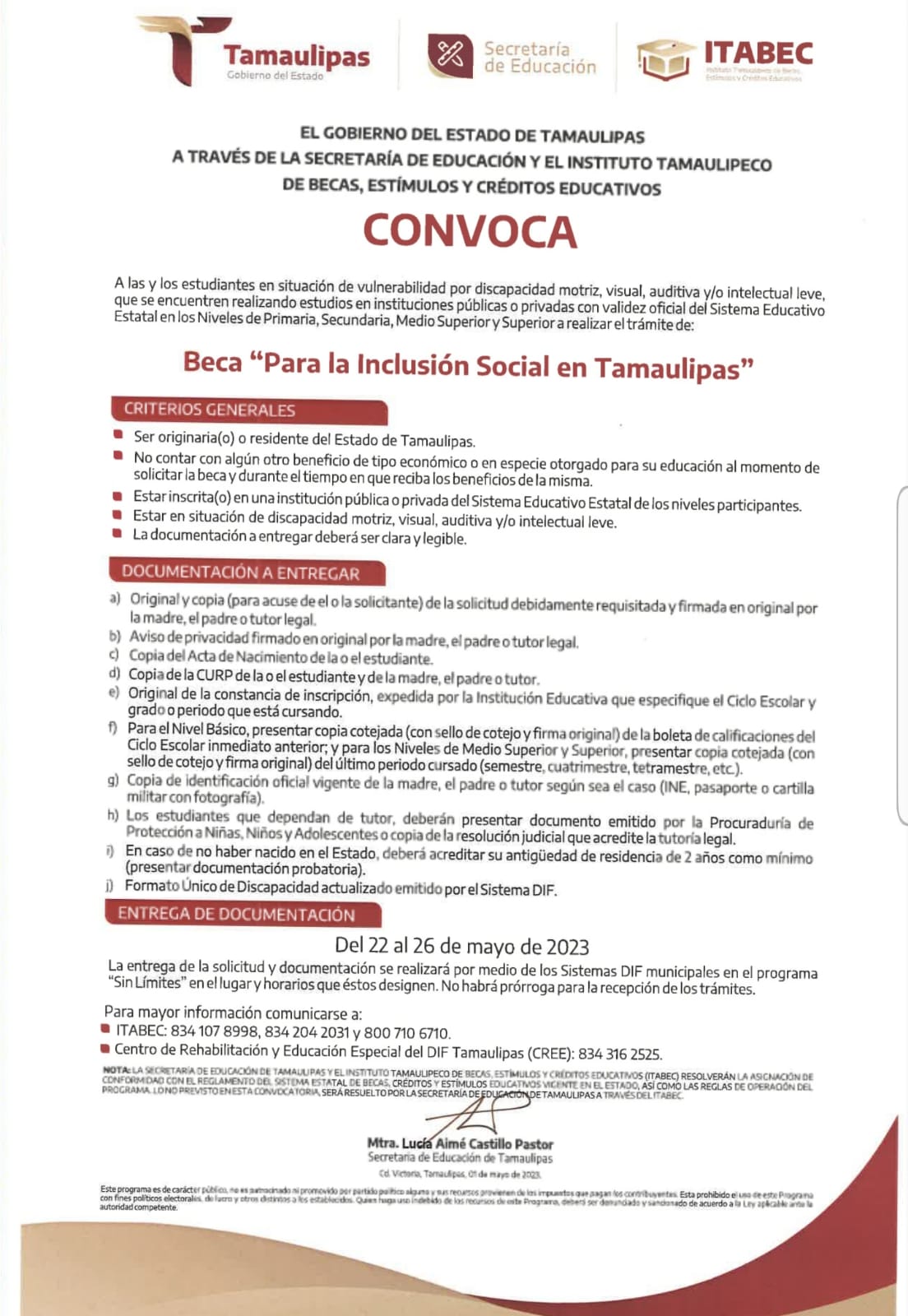 Registro para Convocatoria: Beca «Para la Inclusión Social en Tamaulipas».