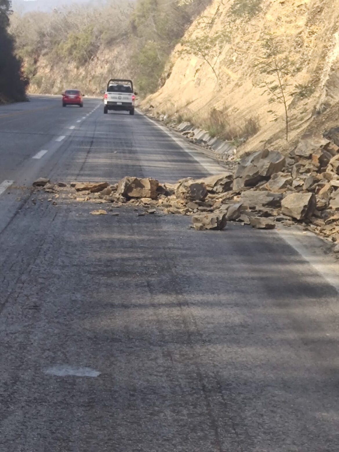 Guardia Estatal libera tramo carretero tras derrumbe de piedras